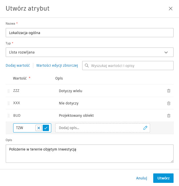 Stworzenie atrybutow